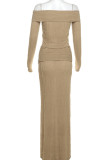 Khaki Elegant Solid Color Patchwork Backless Off Shoulder Long Sleeve Two Pieces
