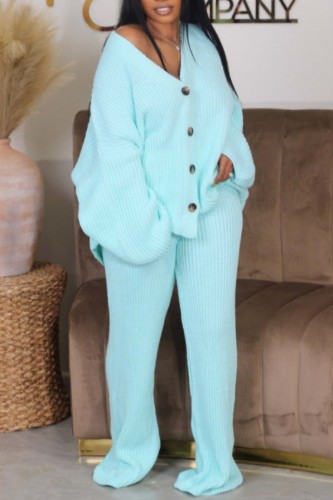 Water Blue Casual Solid Color Buttons V Neck Long Sleeve Two Pieces