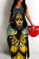 Yellow Casual Figure Print Backless Spaghetti Strap Long Dresses