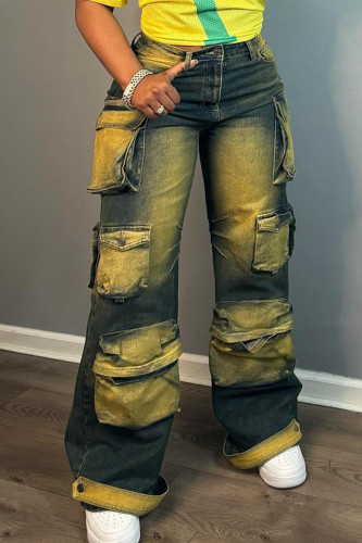 Lemon Yellow Street Pocket Buttons Zipper High Waist Loose Wide Leg Cargo Denim Jeans