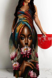 Yellow Casual Figure Print Backless Spaghetti Strap Long Dresses