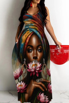 Brown Casual Figure Print Backless Spaghetti Strap Long Dresses