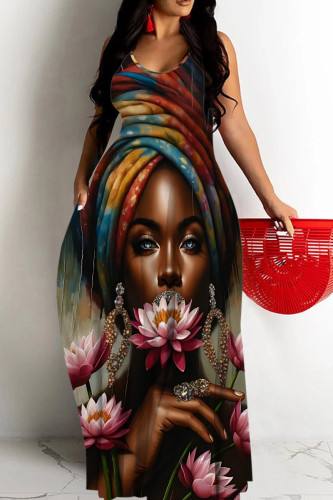 Brown Casual Figure Print Backless Spaghetti Strap Long Dresses