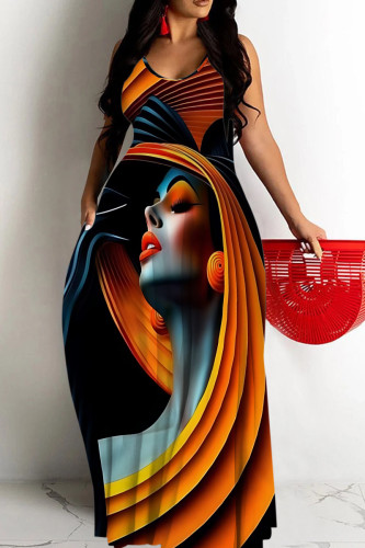 Orange Casual Figure Print Backless Spaghetti Strap Long Dresses