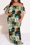 White Sexy Geometric Print Floral Print Contrast Off Shoulder Printed Plus Size Dresses