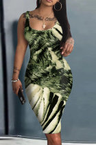 Green Casual Print Basic U Neck Vest Dresses
