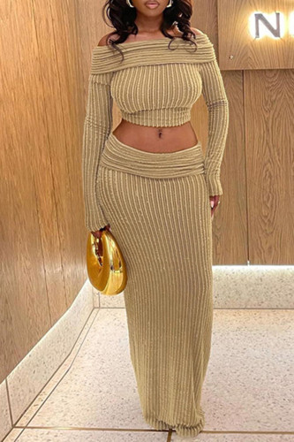 Khaki Elegant Solid Color Patchwork Backless Off Shoulder Long Sleeve Two Pieces