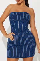 Blue Sexy Patchwork Hot Drilling Backless Strapless Wrapped Skirt Dresses