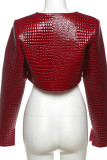 Red Croc Embossed Cardigan Collar Long Sleeve Tie Front Crop Jacket Fall Winter Outerwear