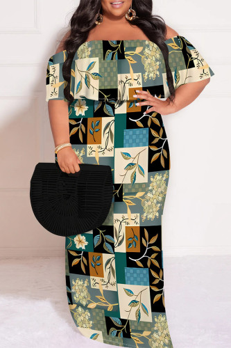 Green Sexy Geometric Print Floral Print Contrast Off Shoulder Printed Plus Size Dresses