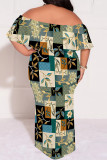 White Sexy Geometric Print Floral Print Contrast Off Shoulder Printed Plus Size Dresses