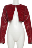 Red Croc Embossed Cardigan Collar Long Sleeve Tie Front Crop Jacket Fall Winter Outerwear