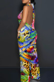 Black And White Pink Floral Print Deep V Neck Sleeveless Casual Vacation Halter Wide Leg Jumpsuit