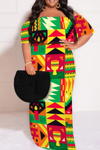 Red Orange African Print Off Shoulder Short Sleeve Casual Plus Size Straight Maxi Dress
