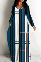 Tibetan Blue Striped Print V Neck Long Sleeve Casual Vacation Plus Size Maxi Dress