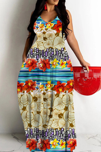 Multicolor Blue White Floral Print Sleeveless Backless Spaghetti Strap Casual Vacation Loose Maxi Dress