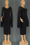Green Elegant Solid Color Patchwork High Slit Hot Drill Zipper O Neck Long Dresses