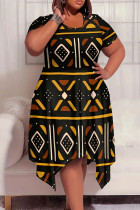 Black Yellow Tribal Print Crewneck Short Sleeve Asymmetrical Hem Casual Plus Size T Shirt Dress
