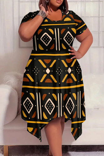 Black Yellow Tribal Print Crewneck Short Sleeve Asymmetrical Hem Casual Plus Size T Shirt Dress