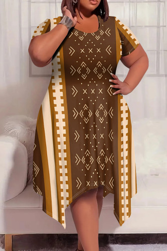 Dark Brown Tribal Print Crewneck Short Sleeve Asymmetrical Hem Casual Plus Size T Shirt Dress