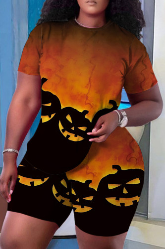 Black Orange Plus Size Halloween Pumpkin Wizard Print Short Sleeve T Shirt and Short Casual Plus Size Two Piece Shorts Set