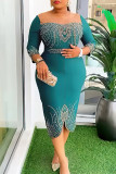 Blue Casual Patchwork Hot Drill O Neck Wrapped Skirt Dresses