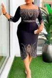 Blue Casual Patchwork Hot Drill O Neck Wrapped Skirt Dresses