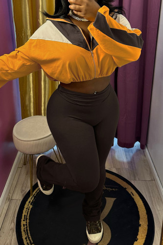 Yellow Colorblock Long Sleeve Zip Crop Jacket with High Waist Skinny Pants Casual Outfits Two Piece Trouser Set