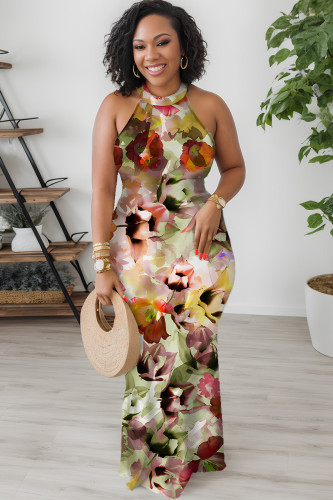 Multicolor Floral Print Hollow Out O Neck Sleeveless Plus Size Vacation Halter Bodycon Maxi Dress