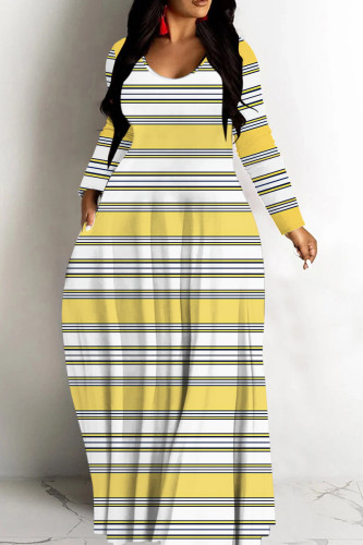 Shallow Yellow Striped Print V Neck Long Sleeve Casual Vacation Plus Size Maxi Dress