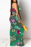 Green Floral Print Hollow Out O Neck Sleeveless Plus Size Vacation Halter Bodycon Maxi Dress