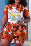 Orange Purple Plus Size Halloween Pumpkin Wizard Print Short Sleeve T Shirt and Short Casual Plus Size Two Piece Shorts Set