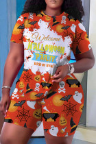 Orange White Plus Size Halloween Pumpkin Wizard Print Short Sleeve T Shirt and Short Casual Plus Size Two Piece Shorts Set