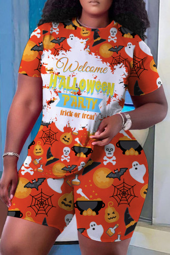Orange White Plus Size Halloween Pumpkin Wizard Print Short Sleeve T Shirt and Short Casual Plus Size Two Piece Shorts Set
