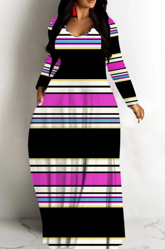 Rose Red V Neck Long Sleeve Casual Plus Size Vacation Straight Loose Striped Maxi Dress