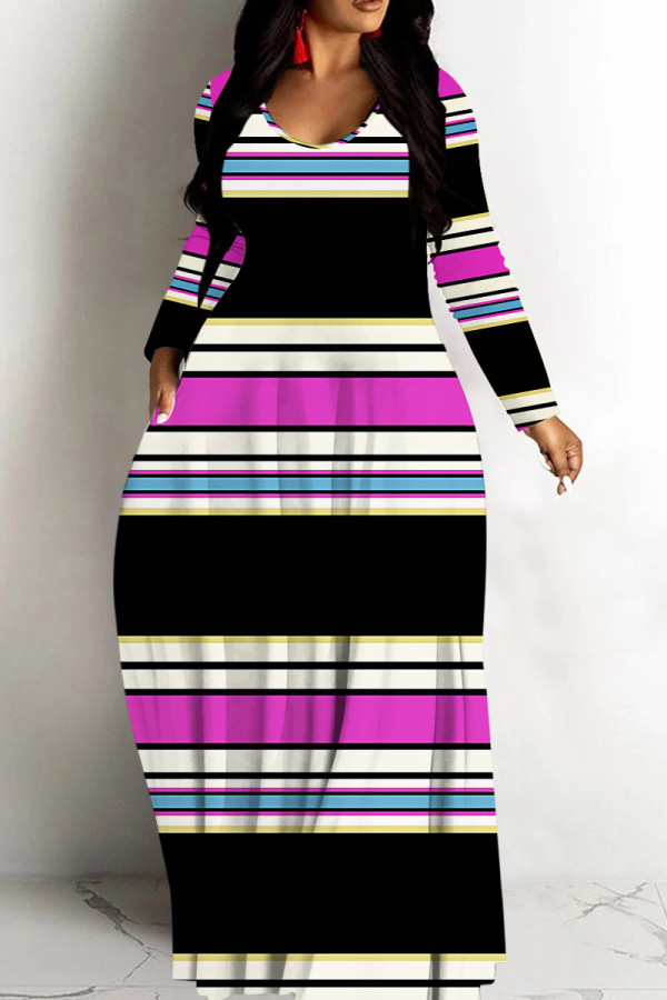 Rose Red V Neck Long Sleeve Casual Plus Size Vacation Straight Loose Striped Maxi Dress