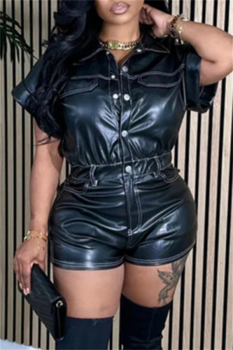 Black Casual Solid Color Buttons Turndown Collar Regular Rompers