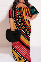 Black Green African Print Off Shoulder Short Sleeve Casual Plus Size Straight Maxi Dress