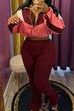 Red Colorblock Long Sleeve Zip Crop Jacket with High Waist Skinny Pants Casual Outfits Two Piece Trouser Set