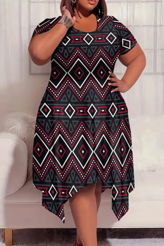 Grey Red Tribal Print Crewneck Short Sleeve Asymmetrical Hem Casual Plus Size T Shirt Dress