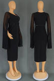 Green Elegant Solid Color Patchwork High Slit Hot Drill Zipper O Neck Long Dresses