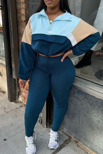 Blue Colorblock Half Zip Pullover with High Waist Jogger Pants Casual Two Piece Sweatpant Set