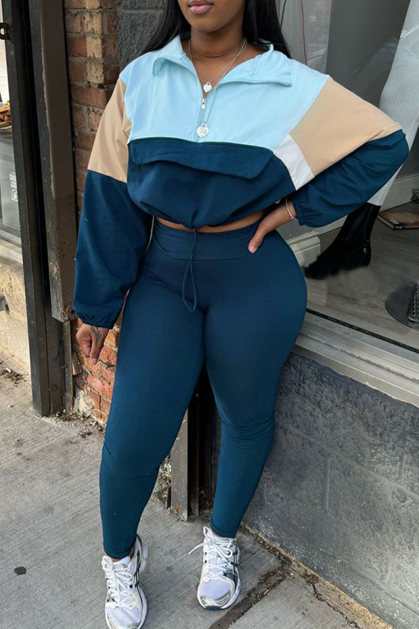 Blue Colorblock Half Zip Pullover with High Waist Jogger Pants Casual Two Piece Sweatpant Set