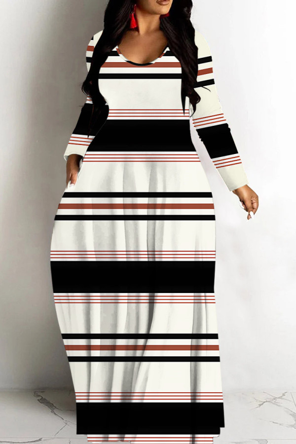 Apricot V Neck Long Sleeve Casual Plus Size Vacation Straight Loose Striped Maxi Dress