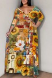 Multicolor Boho Floral Print Deep V Neck 3/4 Sleeves Plus Size Straight Loose Maxi Dres