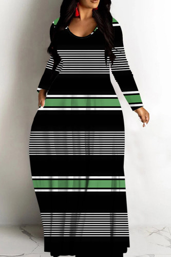 Black Green Striped Print V Neck Long Sleeve Casual Vacation Plus Size Maxi Dress