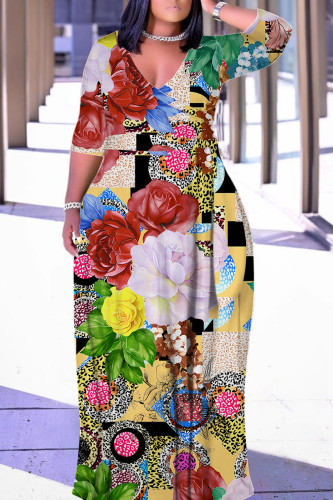 Light Yellow Boho Floral Print Deep V Neck 3/4 Sleeves Plus Size Straight Loose Maxi Dres