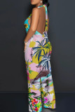 Black And White Pink Floral Print Deep V Neck Sleeveless Casual Vacation Halter Wide Leg Jumpsuit