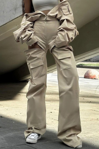Khaki Casual Zipper Pocket Buttons High Waist Straight Leg Cargo Pants