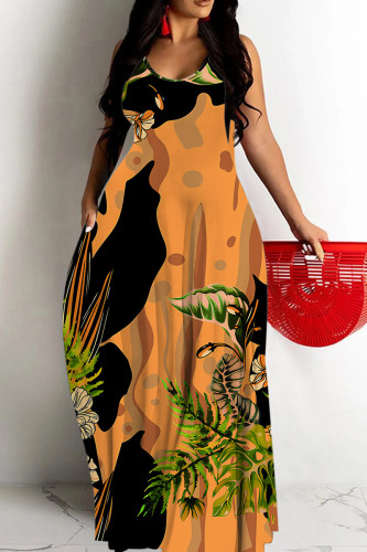Orange Blue White Floral Print Sleeveless Backless Spaghetti Strap Casual Vacation Loose Maxi Dress